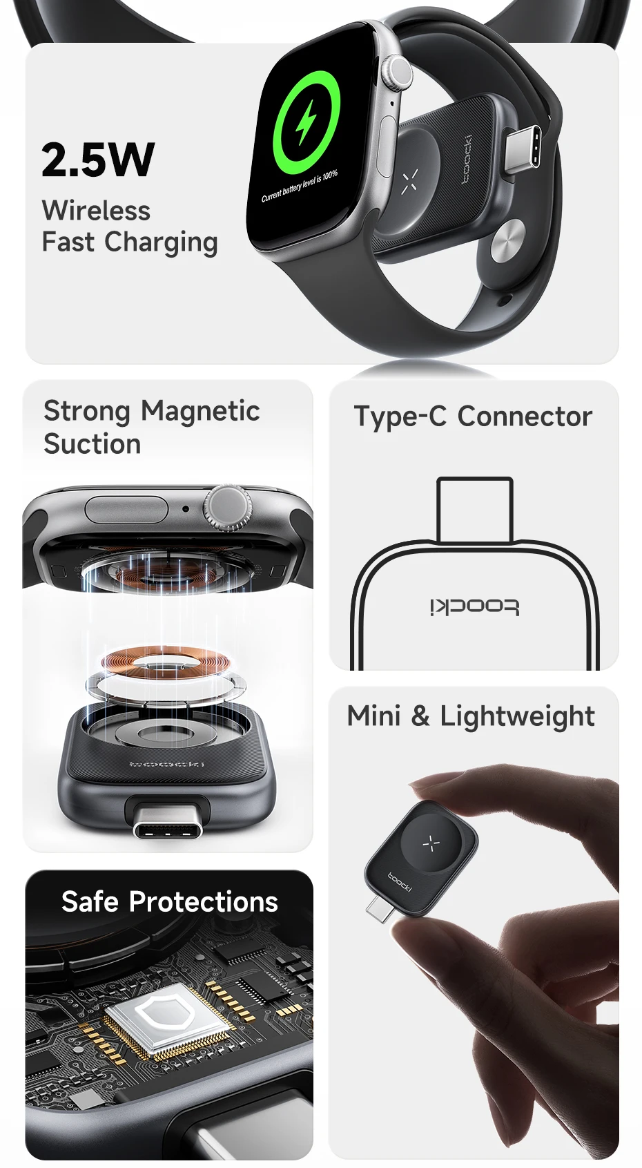 Toocki TW13 2,5W Kabelloses Ladegerät für iWatch S1-S11 SE 2-3 Ultra 1-3 Tragbares Typ-C Magnetisches Kabelloses Ladegerät für Apple Watch – Detail 2