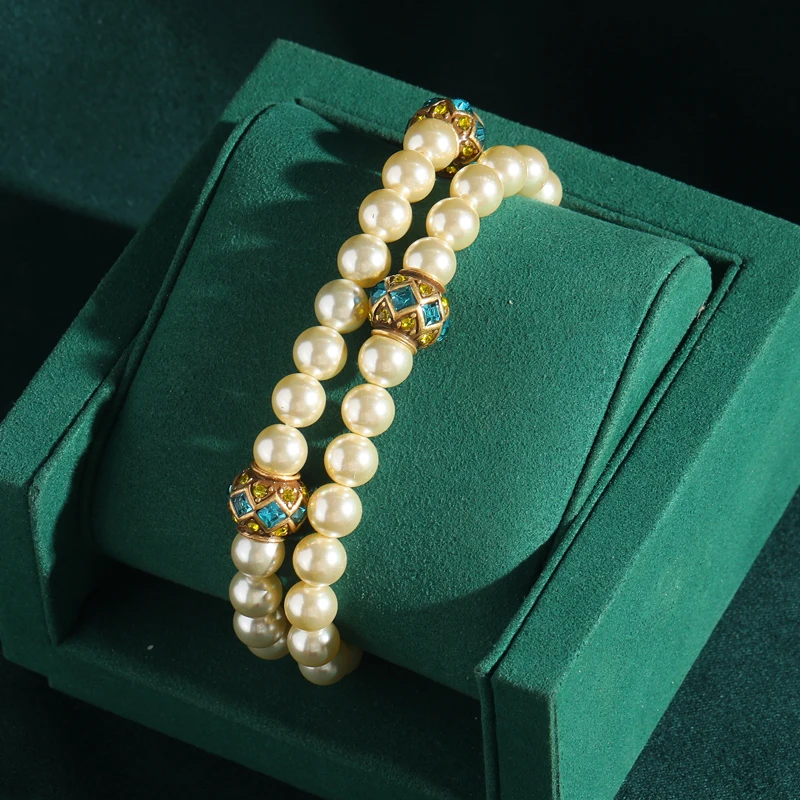 

New Vintage Beads Double Layer Pearl Bracelet Gold Color Blue Crystal Lucky Ball Charm for Women Wedding Bride Antique Jewelry