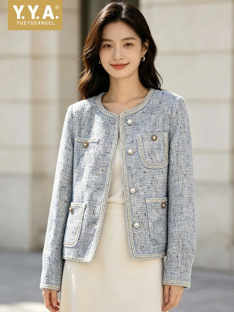 Autumn New Elegant Women Tweed Jacket O Neck Pearls Single Breasted Straight Twill Coat Office Ladies Work Outwear Jacket Pocket