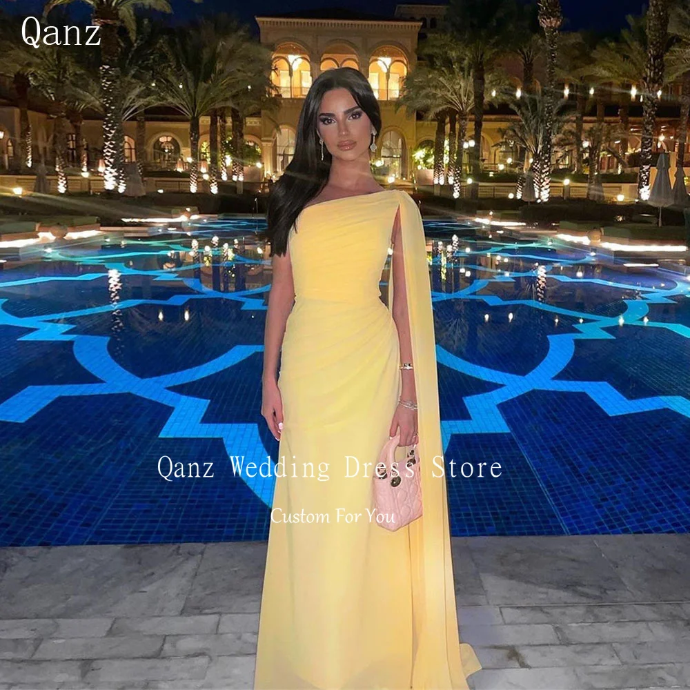 Qanz Saudi Arabia Formal Evening Dresses Yellow Chiffon One Shoulder Dubai Arab Prom Dress Women Party Gowns 2024 Customized