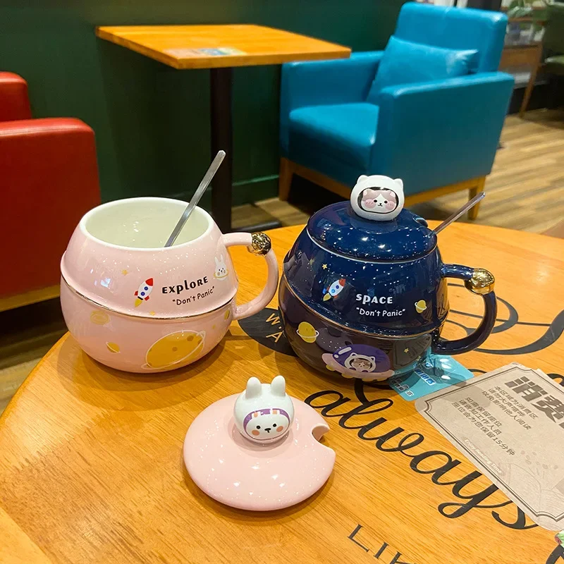 Starry Sky Bunny Big Belly Mark Cup Creative Cute Spoon with Lid Couple Coffee Mug Activity Gift Ceramic Couples Drinkware