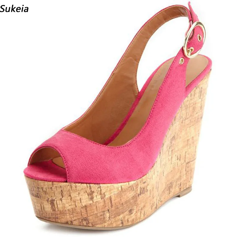 

Sukeia Women Platform Slingback Sandals Cork Wedges High Heels Round Toe Pretty Pink Party Shoes Ladies US Plus Size 5-20