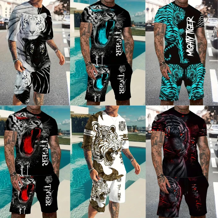 I più nuovi pantaloncini da spiaggia da uomo estivi Set 3D feroce bestia tigre stampa t-shirt manica corta + pantaloncini 2 pezzi Set tuta oversize