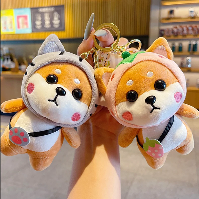 Cartoon Pink Strawberry Shiba Inu Plush Doll Toy Keychain Cute Tiger Puppy Pendant Keyring Student Backpack Women Bag Key Chain