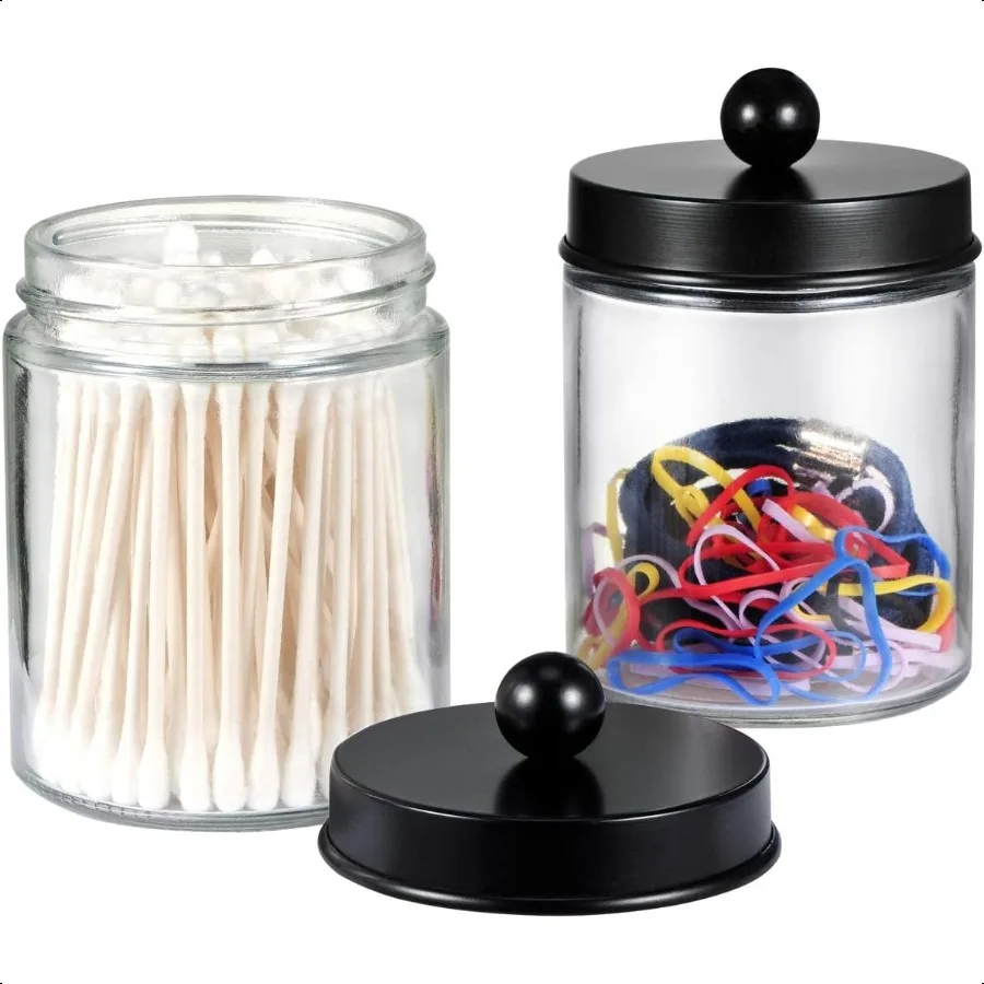 4 pacotes de frascos de boticário, conjunto organizador de armazenamento de vaidade do banheiro, recipiente de bancada com tampas de aço inoxidável, adesivos fofos qtip disp