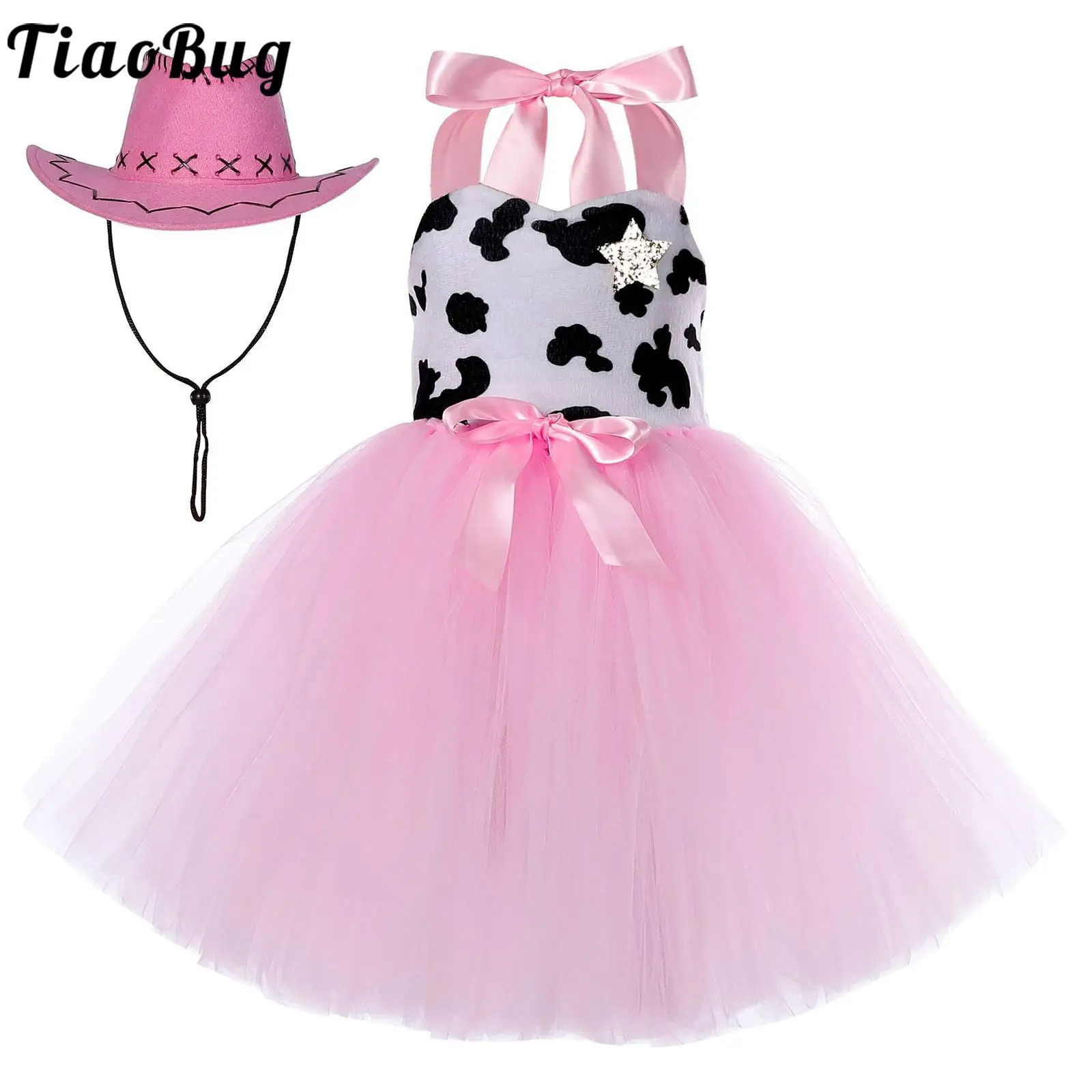 

Kids Girls Halloween Cowgirl Costume Shoulder Straps Sleeveless Cow Print Tutu Dress with Hat for Carnival Theme Party Dress Up