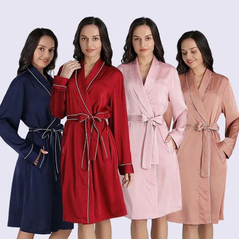 Ladies Imitation Silk Bathrobe Pajamas Spring Summer Autumn Loose Plus Size Bridal Nightdress Sleepwear Comfortable Morning Gown