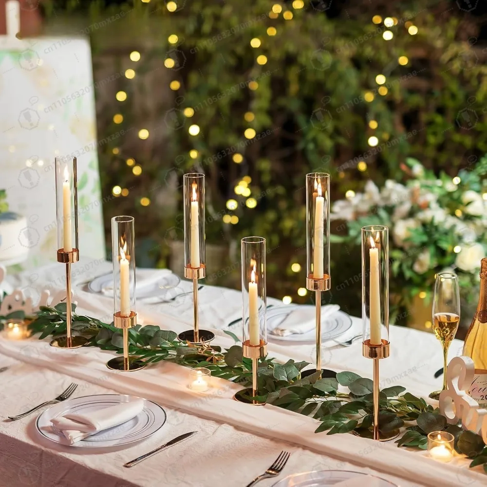 6 Pcs Modern Hurricane Candle Holders | Elegant Gold Centerpiece with Cylinder Shades to Elevate Your Dining Table Decor