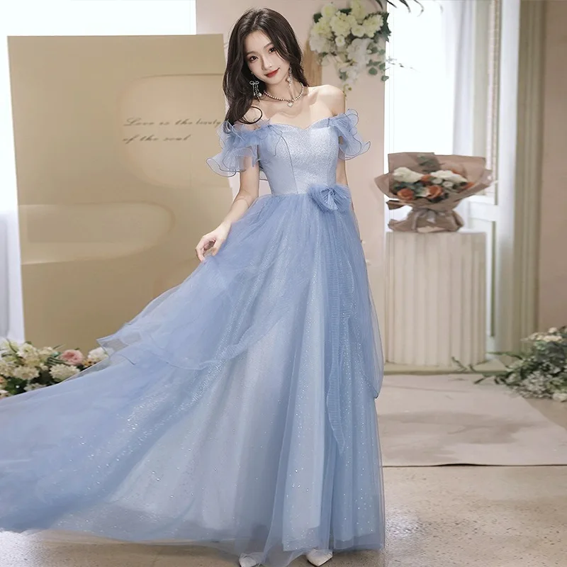 

French Style Off The Shoulder Blue Evening Dress For Women New Fashionable Graduation Host Light Luxury Bow Decor Lace Dresses