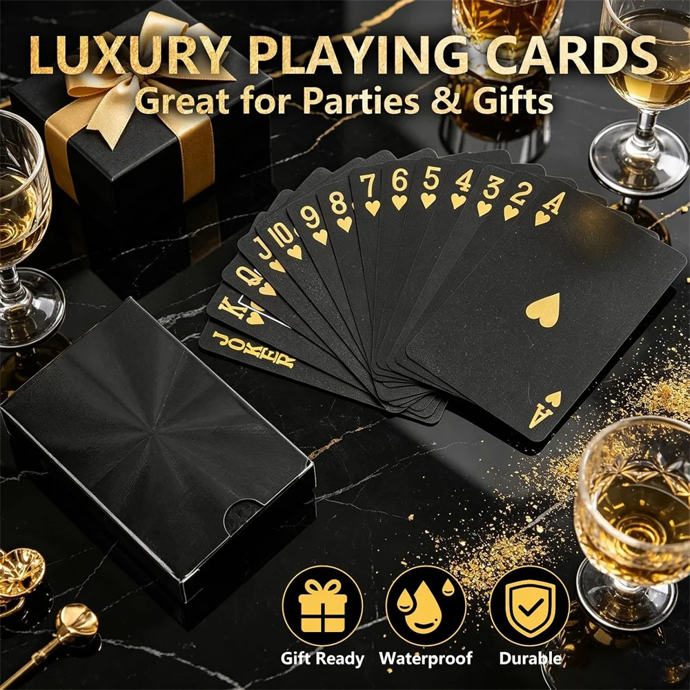 Black Waterproof Playing Cards - Black Deck with Gold Foil Lettering, Ideal for Poker, Parties