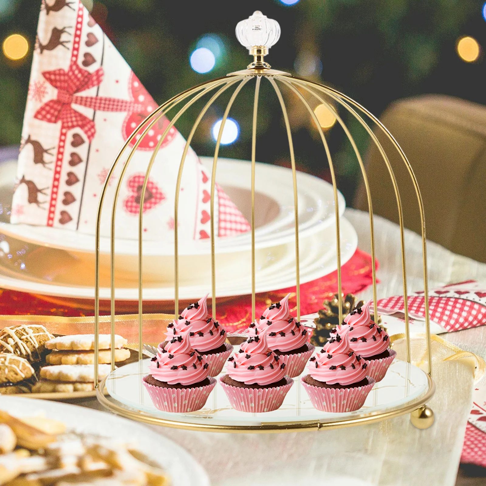 

Metal Gold Birdcage Cake Stand Desktop Elegant Dessert Display for Wedding Birthday Afternoon Tea Party Pastry Candy Plate