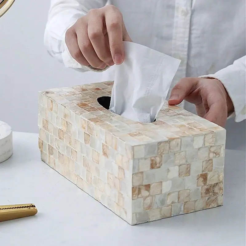 Boîte à mouchoirs en papier naturel faite à la main avec des coquillages. Boîte de rangement pour serviettes en papier, pour salle d'étude, bureau, table à manger.