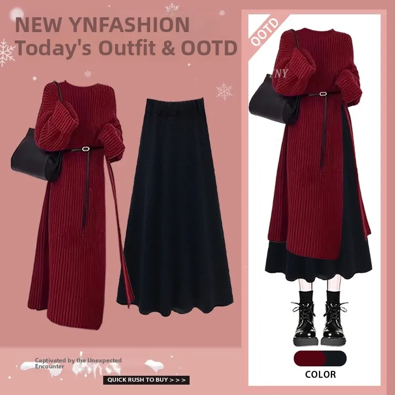 

Winter Faion Women's Knitted Slim Fit Sweater Coat And High Waist Skirt Two Piece Set Long Sle Casual Chic Ensemble