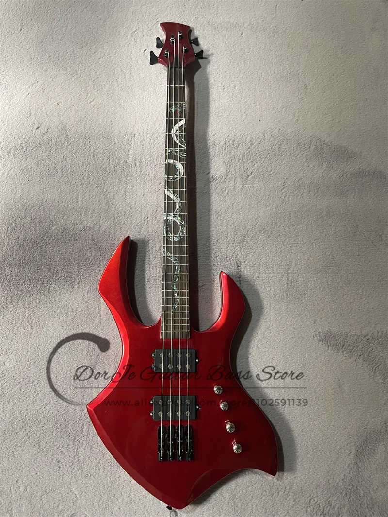 

4 Strings Bass Guitar Metal Red Body Rosewood Fingerboard Snake Inlay Fixed Bridge Black Tuners HH Pickups