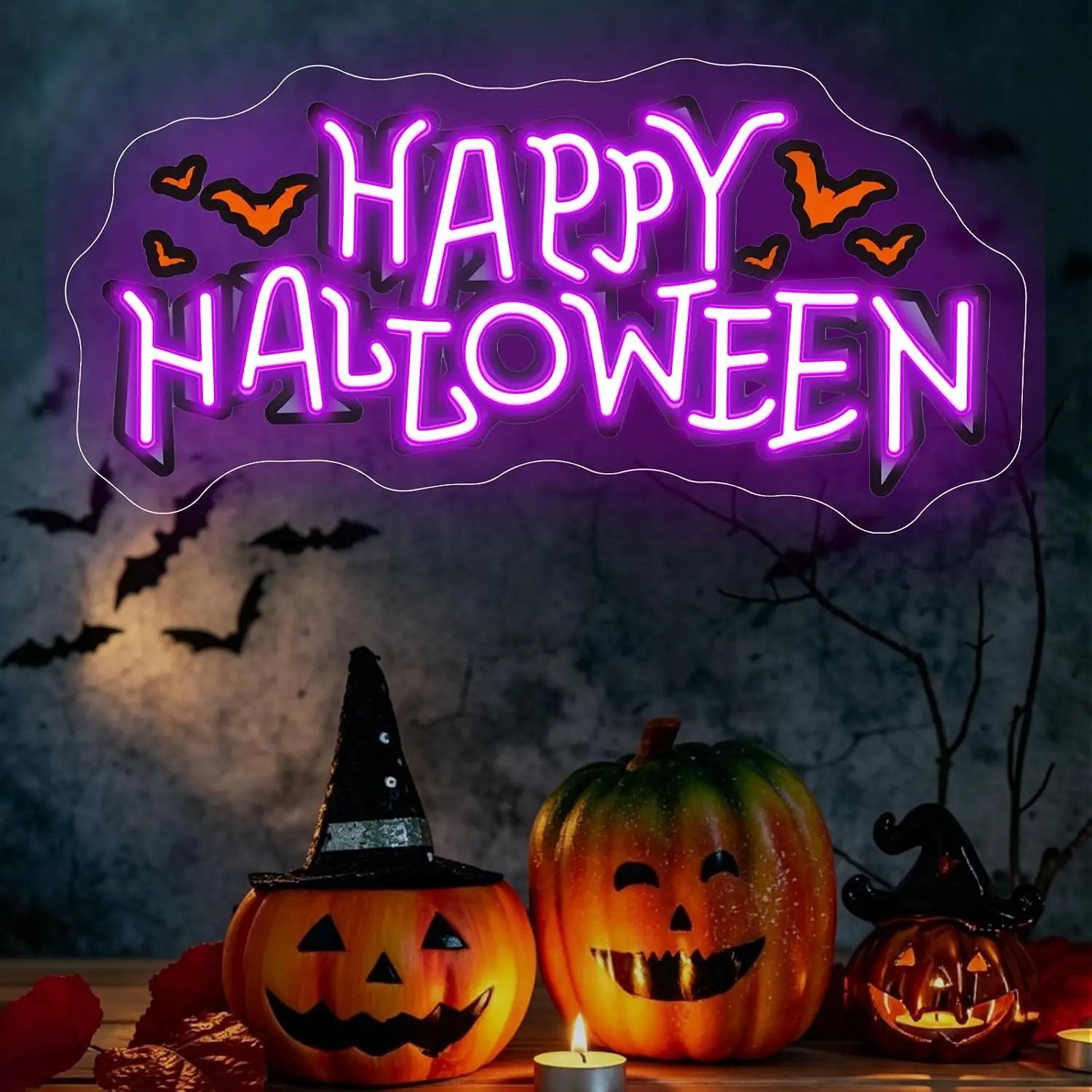 Happy Halloween Bat Neon Sign USB Powered LED Neon Light, Halloween Party Bedroom Home Bar Haunted House Holiday Decoration Gift