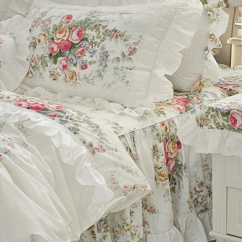 Luxury White Princess Bedding Set Korean Style 100% Cotton Pastoral Flower Printing Ruffles Duvet Cover Bed Skirt Pillowcases