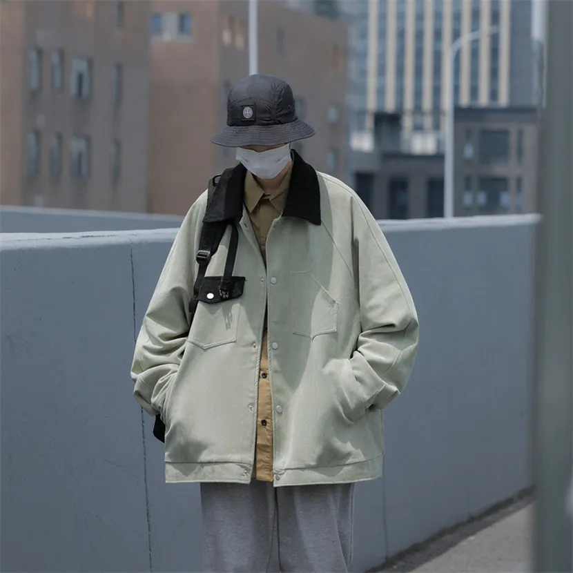 

Retro Loose Fit Deer Skin Velvet Jaet Men's Autumn Collar Workwear Outerwear y Top Trendy Brand Single Button Closure