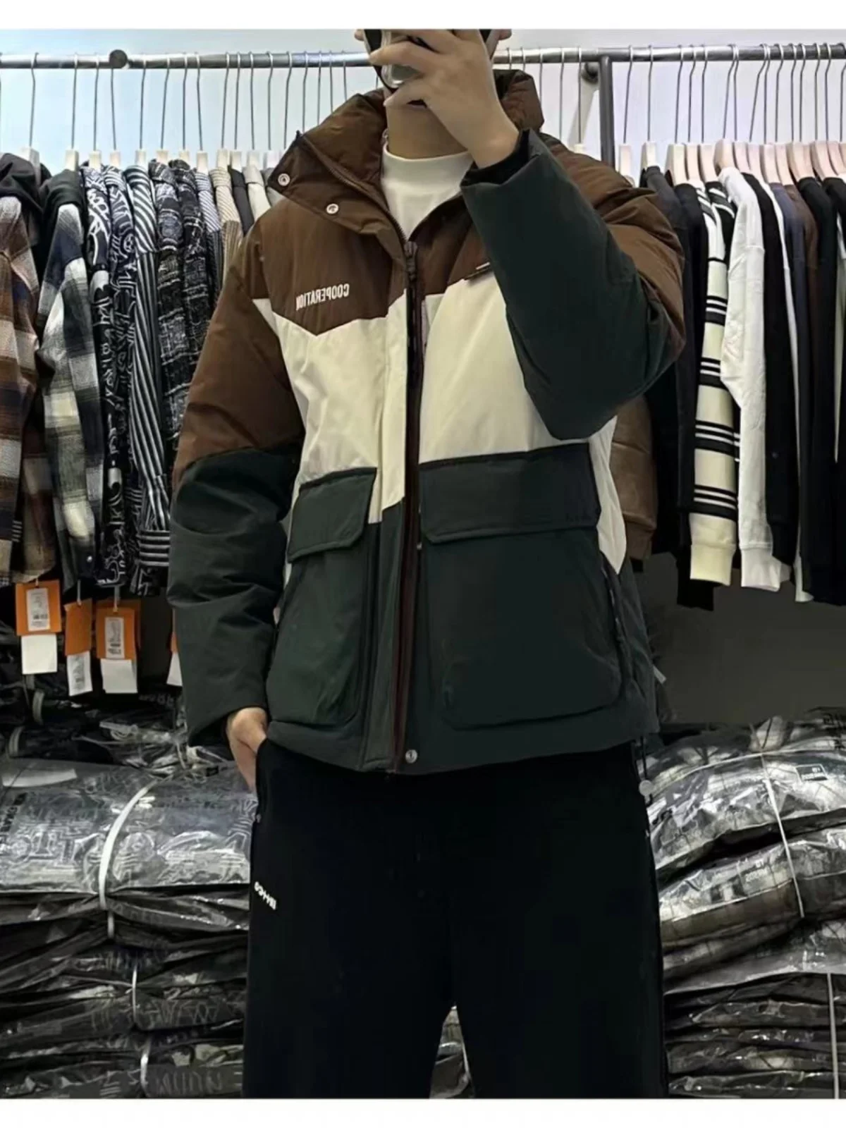 

Высококачественная мужская хлопковая куртка с воротником-стойкой, в стиле пэчворк, с цветовыми блоками, теплая зимняя новинка, универсальный простой дизайн