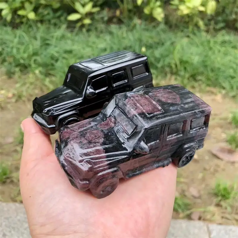 Natural Black Obsidian And Garnet Pickup Truck Carving Healing Crystal Gemstone Collectible Home Decoration Gift 1PCS