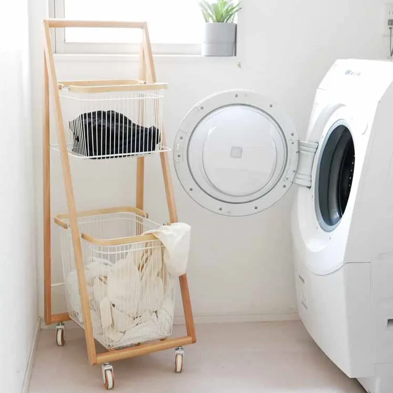 Solid wood floor-to-ceiling double-layer laundry basket removable classification Bedside clothing storage rack Bedroom