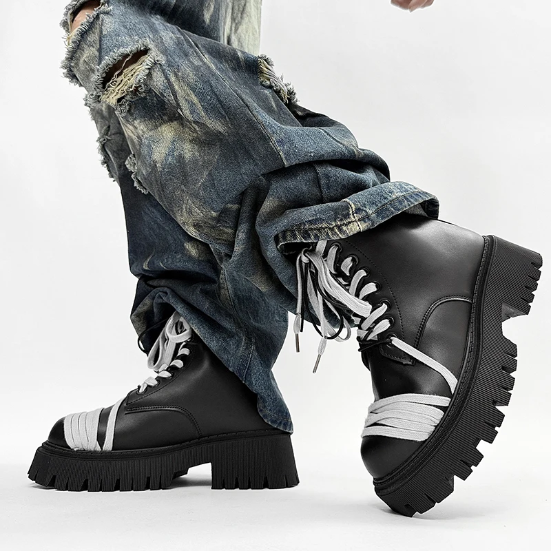 

New Men's Fall/Winter High-Top Lace-Up Retro-Style Chunky-Sole Ankle Boots with Zipper - Men's Black Boots