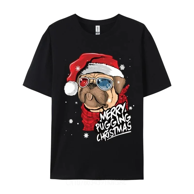 Merry Pugging Christmas T-shirt Dog Santa Pug T-Shirts Tops Shirts Cheap Cotton Printed Men's New Fashion