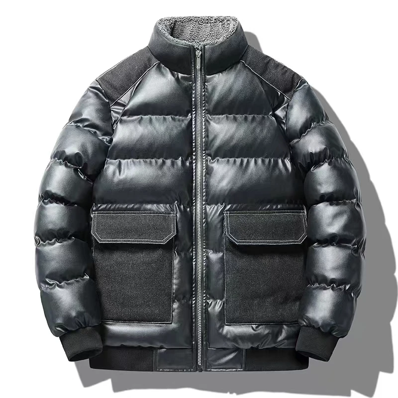 Parka de couro à prova de vento masculino com bolsos grandes, gola alta, jaqueta monocromática Puffer, casaco grosso, marca de alta qualidade,