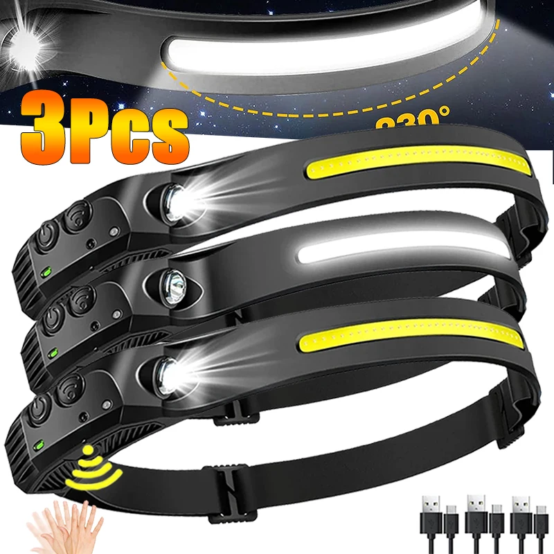 NEW Headlamp USB Rechargeable LED Sensor Headlight XPE+COB Torch Camping Waterproof Flashlight for Fishing Lantern 3/2/1Pack