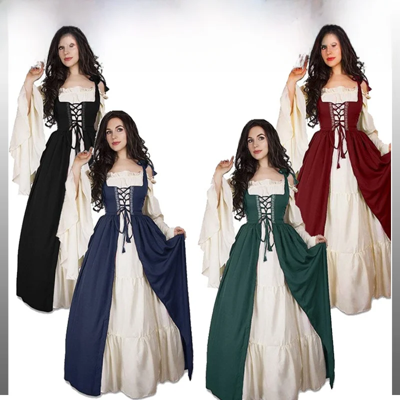 

New Halloween Queen Costume Women's Retro Court Princess Stage Play Performance Clothes Red Blue Green Polyester Material