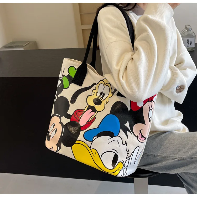 Disney Cute Donald Duck Large Capacity Mummy Bag Stitch Canvas Bag Women's Single Shoulder Simple Student Handbag School Bag