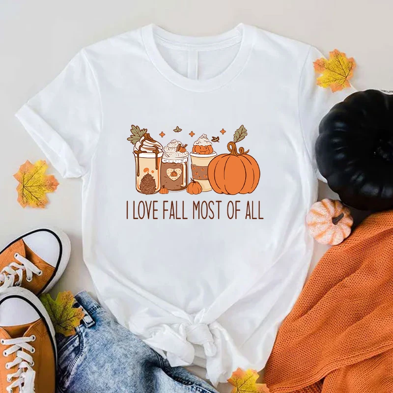 

New I Love Fall Most Of All Graphic Print T-Shirt Women Fashion Round Neck Loose Tee Shirt Streetwear Casualharajuku T-Shirt