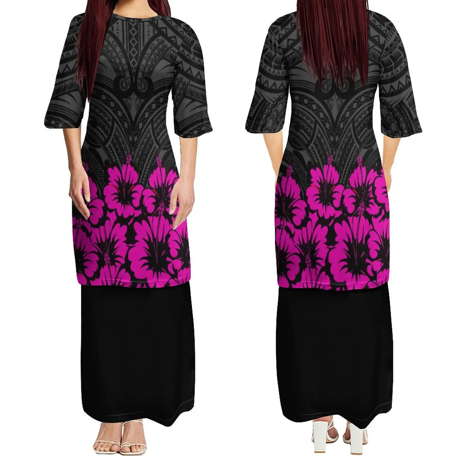 

2024 New Design Polynesian Tribe Design Print Puletasi Samoan Women'S Dress Two-Piece Dress Free Shipping