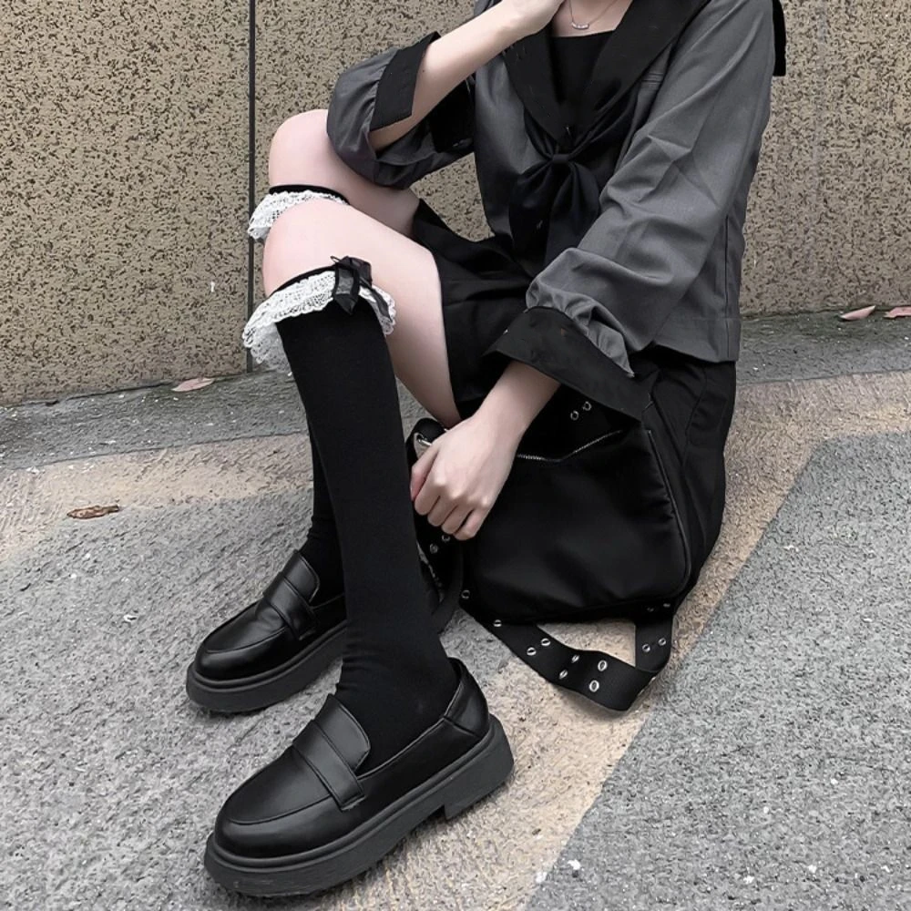 2 пары модных кружевных чулок с рюшами и бантом, уличная одежда, милые длинные носки-трубы, чулки в стиле Лолиты JK в стиле Харадзюку для женщин и девочек