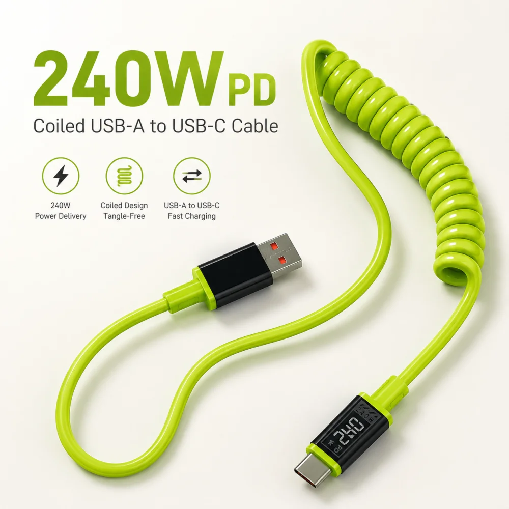 240W Typ-C-auf-Typ-C-Schnellladekabel, universelles, spiralförmiges, teleskopisches USB-Kabel, 6A USB-C-Kabel für Xiaomi, iPhone, Samsung
