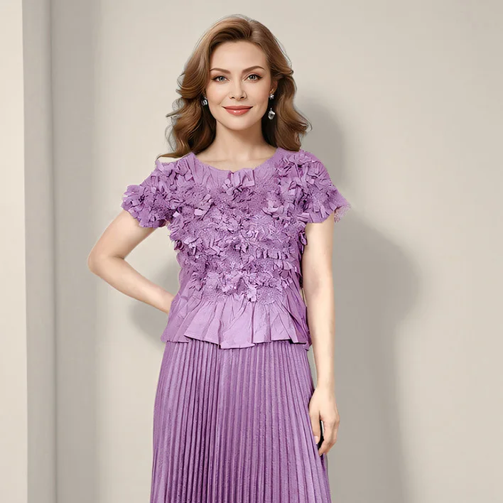 Setelan Kasual Perancis untuk Wanita dengan Desain Ceruk, Atasan Lengan Pendek Bunga Buatan Tangan, Rok Setengah, Set Dua Potong Wanita 2025