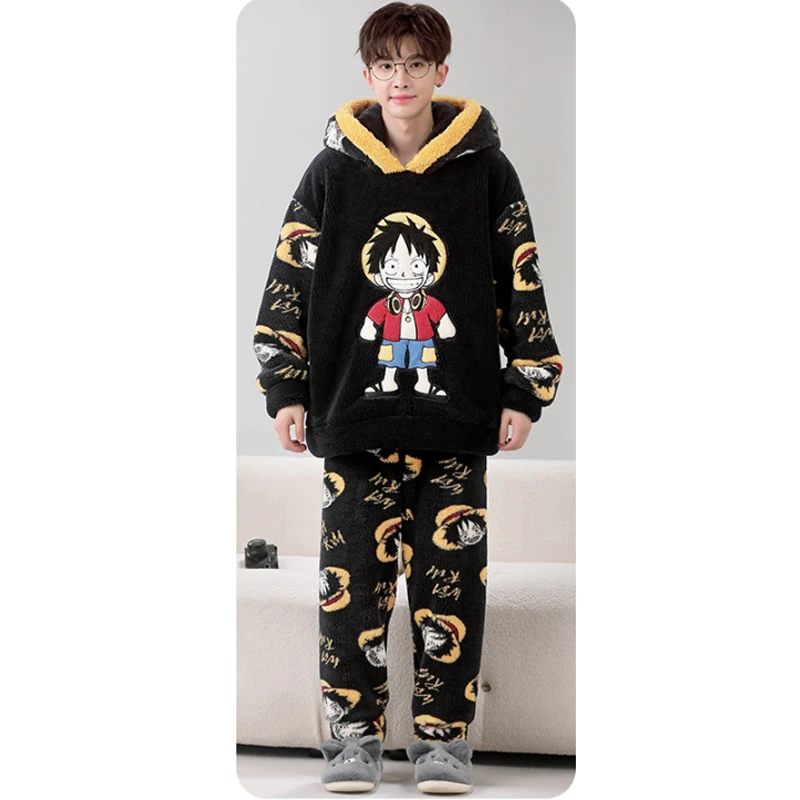 ONE PIECE Luffy Plush Pajamas Winter Anime Men Thickened Coral Velvet Warm Sleepwear Set Cartoon Hooded Top Homewear Nightshirt