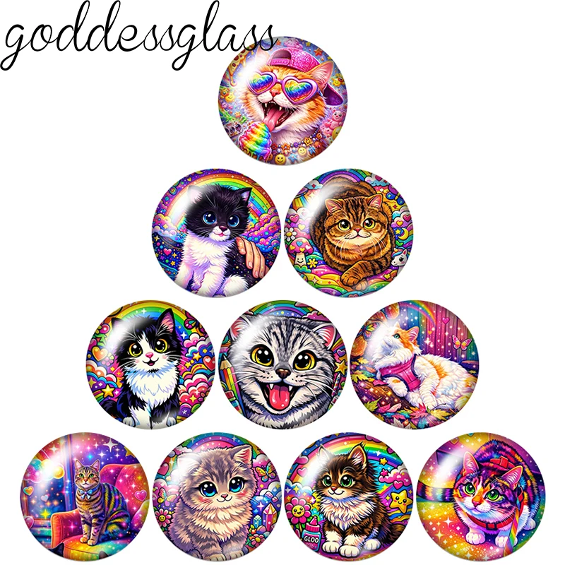 Cute Cat Colorful Rainbow Drawings Pet 10pcs 12mm/18mm/20mm/25mm Round Photo Glass Cabochon Flat Back Making Findings Jewelry
