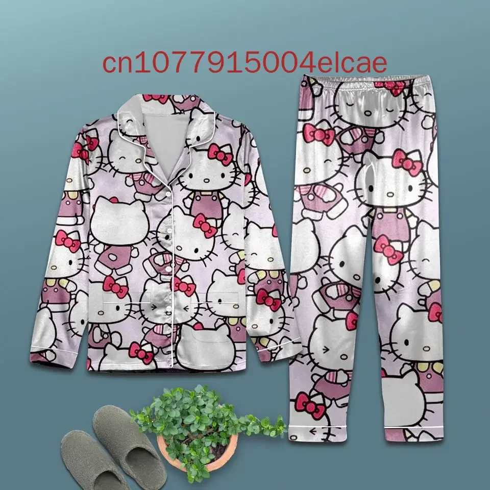 New Hello Kitty Pajama3D Printed Casual Men's and Women's Long Sleeve Shirt Pajama Set