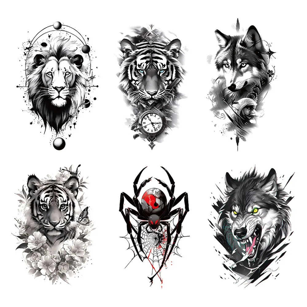 Waterproof Temporary Tattoos for Men Women Lion Tiger Wolf Animal Tattoo Sticker Body Art for Arm Fake Tattoo