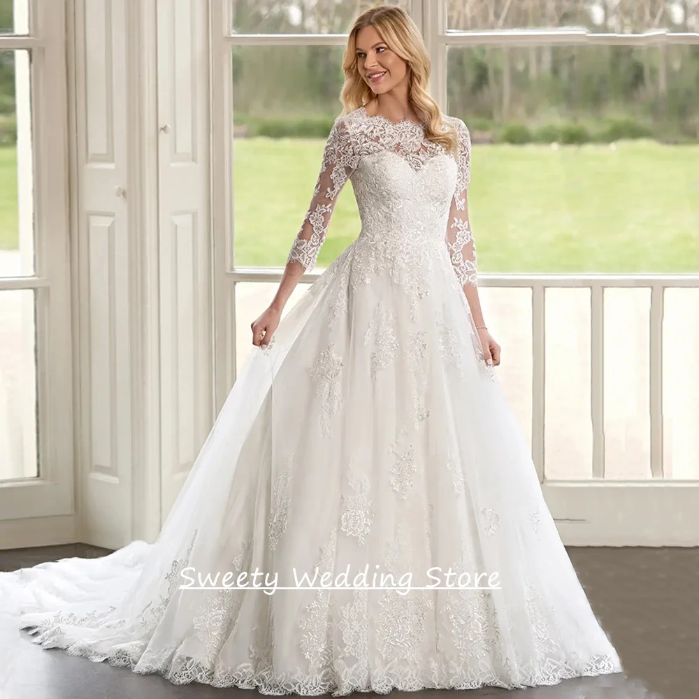 

Exquisite Wedding Dress Vestidos De Novia Customized 3/4 Sleeves V Neck Back Zipper Buttons Sweep Train Applique Bridal Gown