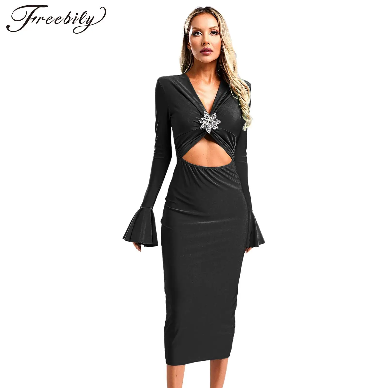 Womens Chic Bodycon Dress Vestido De Fiesta V Neck Flare Long Sleeve Twisted Knot Cutout Pencil Dress for Party Cocktails Gown