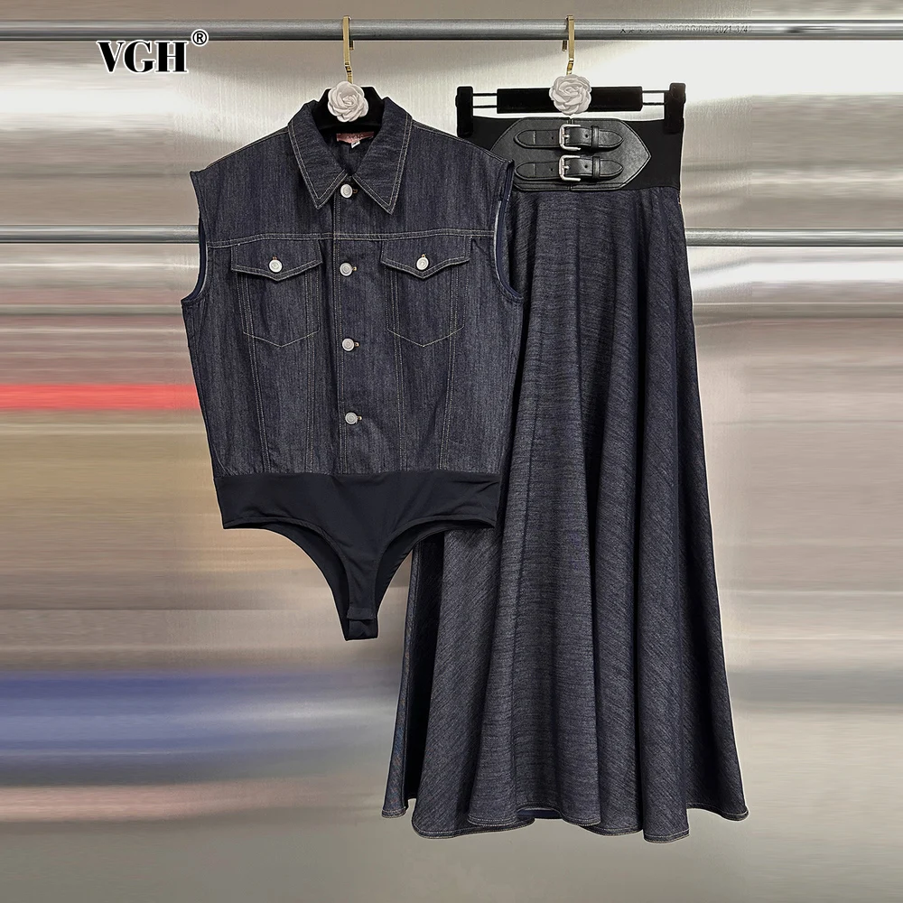 

VGH French Retro Two Piece Set for Women Lapel Sleeveless Playsuit High Waist Spliced Sashes A Line Skirt Denim Suit Female New