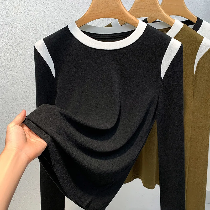 European Style Women's O-Neck Long Sleeve T-Shirt with Color Block and Waist Tie - Perfect for Office Ladies