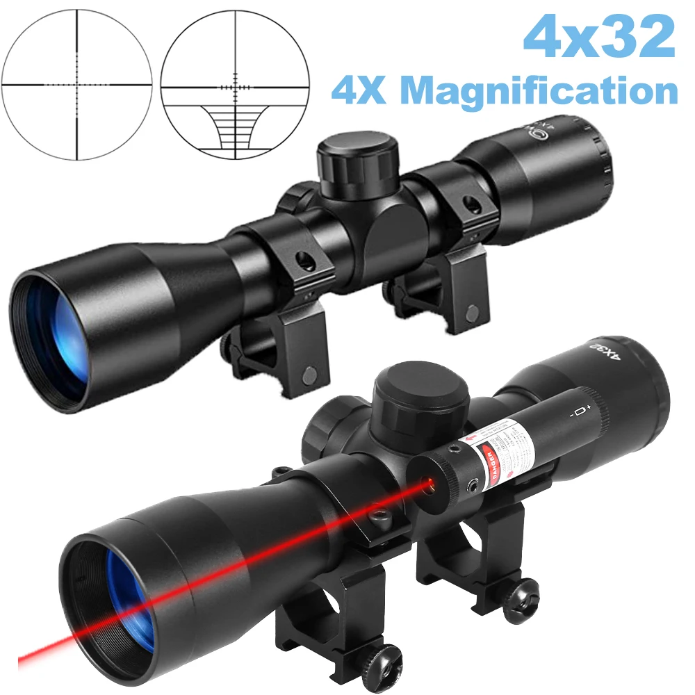 Mira para Rifle compacta 4X32, mira óptica para caza, mira telescópica de retícula con mira láser roja y soportes de anillo de riel de 11/20mm Airsoft