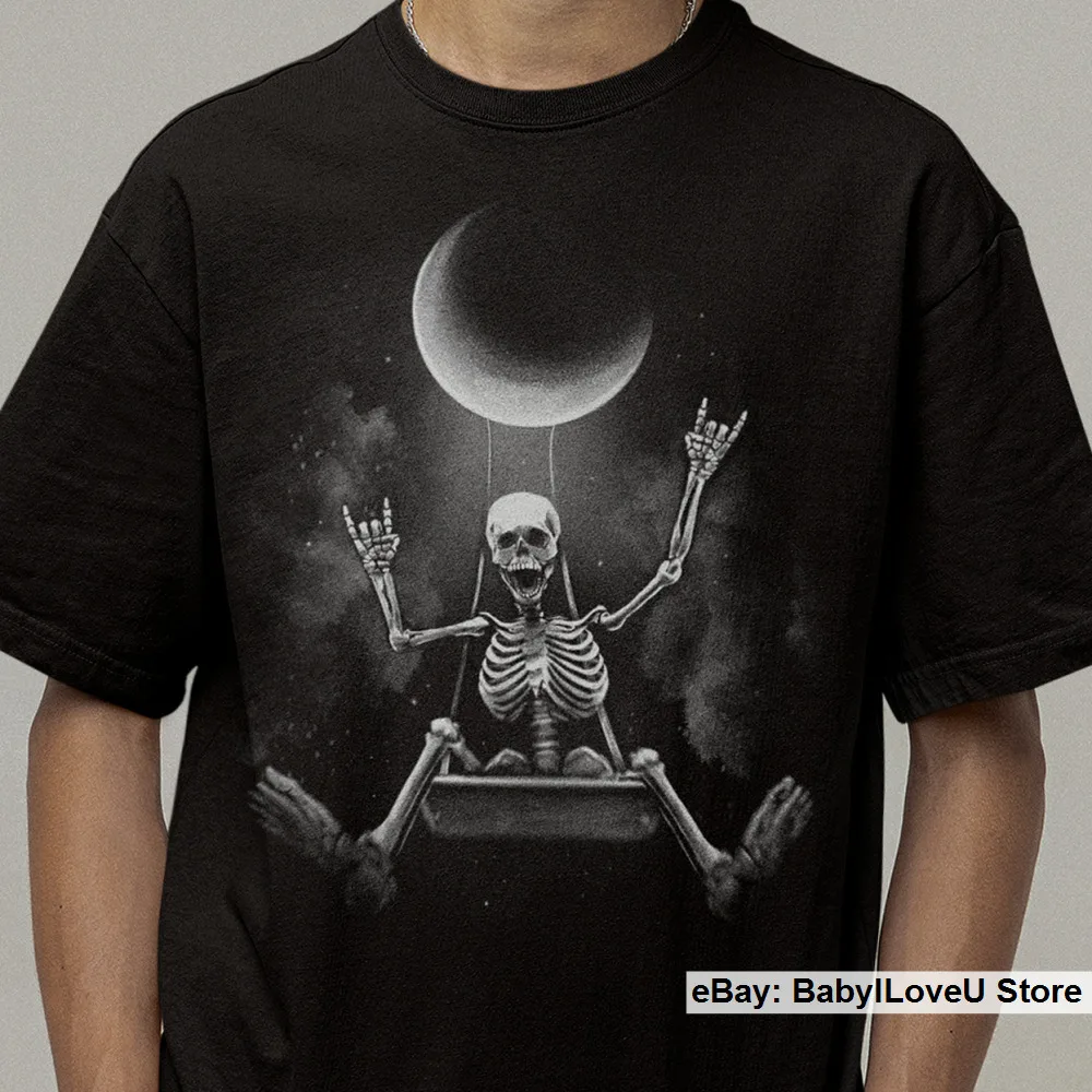 

Vintage Skull Skeleton Swinging With Moon T Shirt Halloween Day Of The Dead Gift