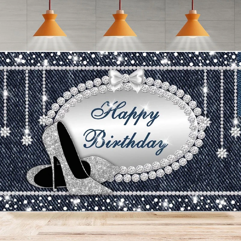 

Photography Backdrop For Denim And Diamonds Crystal Shoes Happy Birthday Background Poster Home Party Backdrop Wall Banner Decor