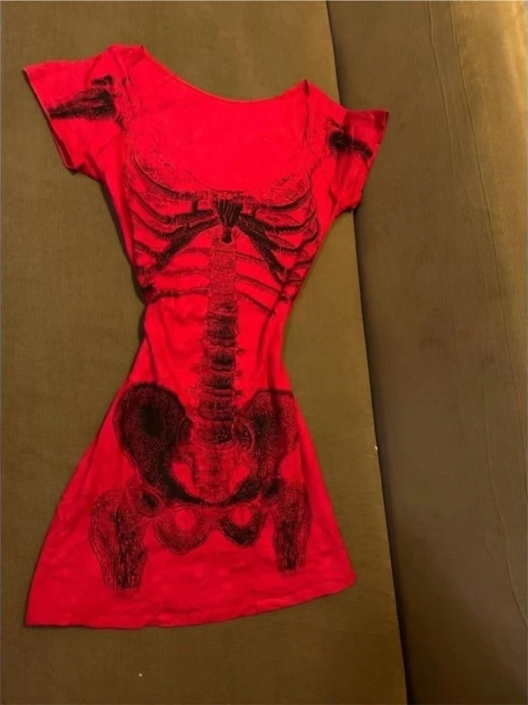 Camisetas de manga corta estéticas de esqueleto Vintage americano para mujer Y2k Harajuku Rock Hottie camiseta gorhic Retro Sexy Slim Chic Tops