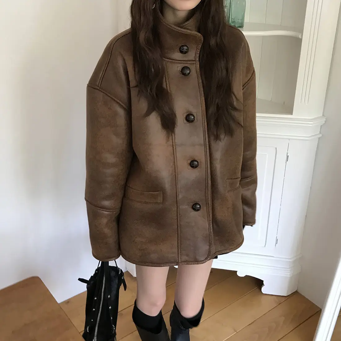 Mujer Otoño Invierno nuevo Sle Chic piel de cordero gamuza Biker Jaet abrigo cálido largo Sve longitud Regular otro Material 00%