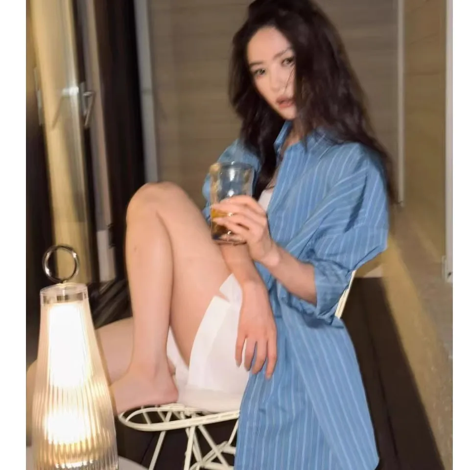 

EXJR Cai Wenjing Early Autumn Long Sleeve Blue Striped Slimming Shirt Women's Mid-Length Casual Style Loose Fit Collar