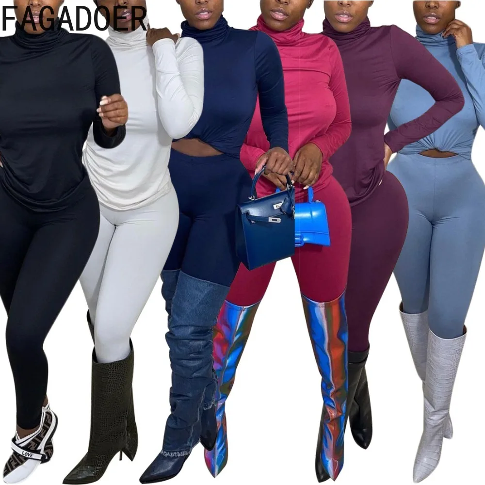 

FAGADOER Fashion Solid Color Legging Pants Two Piece Sets Women Turtleneck Long Sleeve Top And Skinny Pants Tracksuits Outfits